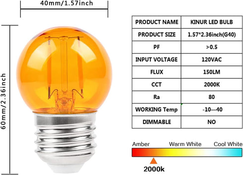 G40 Small Amber LED Edison Bulbs, 2000K 2W-15W Equivalent, E26 Base, Soft Warm Light for Healthy Sleep, 4 Pack