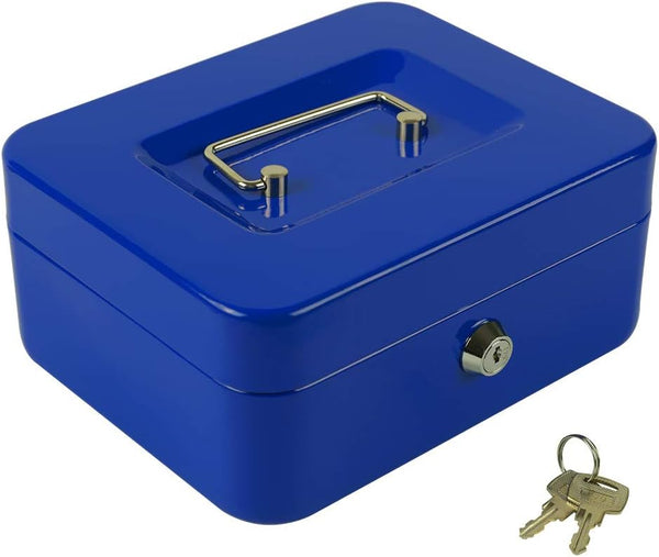 KYODOLED Cash Box with Money Tray, Storage Safe Lock Box with Key, Medium Blue Cash Drawer, 7.87"x6.30"x3.54"