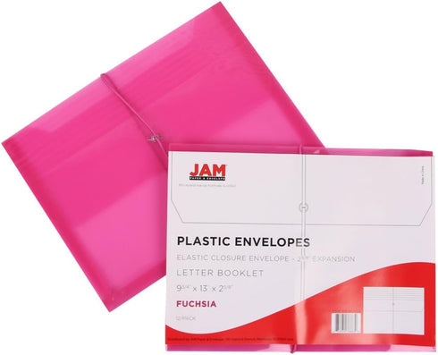 JAM PAPER Plastic Expansion Envelopes - Pink - Letter Booklet - 9 3/4 x 13 with 2.5 Inch Expansion - 12/Pack