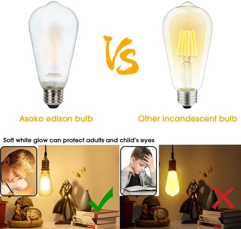 ASOKO ST64 Frosted LED Edison Vintage Light Bulbs, 6W Equivalent 60W, 2700K Warm White, Dimmable, 6 Packs