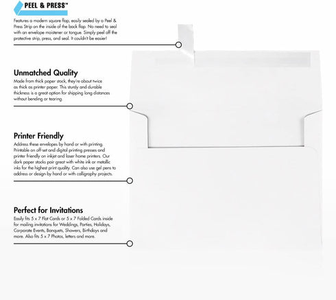 LUX Paper A7 Invitation Envelopes, 5 1/4" x 7 1/4", 60lb Bright White, Peel & Press, 50 Pack (4880-WPP-50)