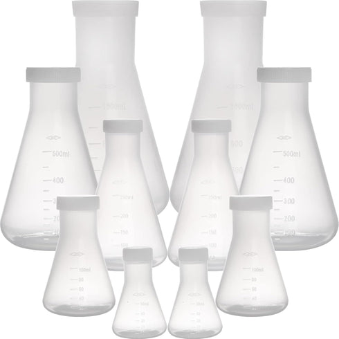 Peohud Set of 10 Scientific Plastic Erlenmeyer Flasks with Screw Caps - Lab Flask Set (50ml, 100ml, 250ml, 500ml, 1L)