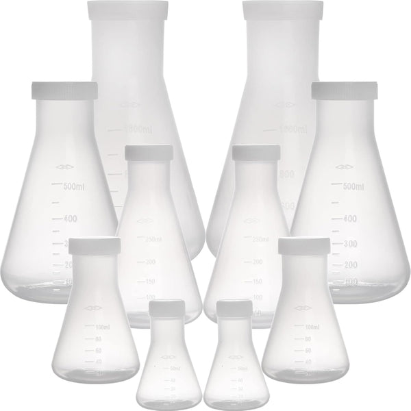 Peohud Set of 10 Scientific Plastic Erlenmeyer Flasks with Screw Caps - Lab Flask Set (50ml, 100ml, 250ml, 500ml, 1L)