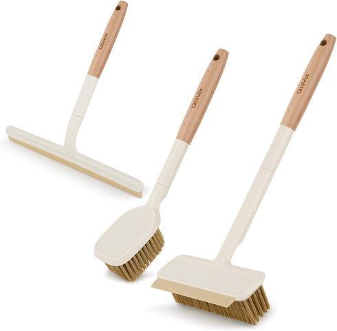 QuiVix 3 Pack Hard Bristle Scrub Brush Set with Long Wooden Handle, 2-in-1