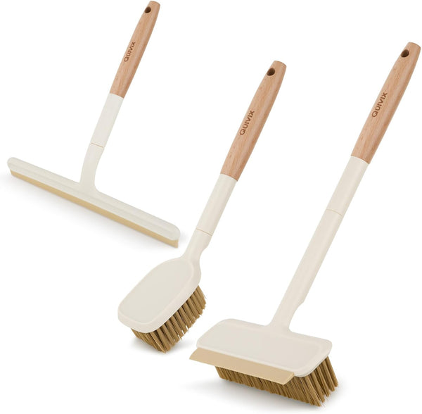 QuiVix 3 Pack Hard Bristle Scrub Brush Set with Long Wooden Handle, 2-in-1