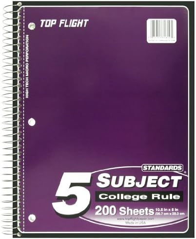 Top Flight 5-Subject Wirebound Notebook, 200 Sheets, College Rule, 10.5 x 8 Inches, Color May Vary