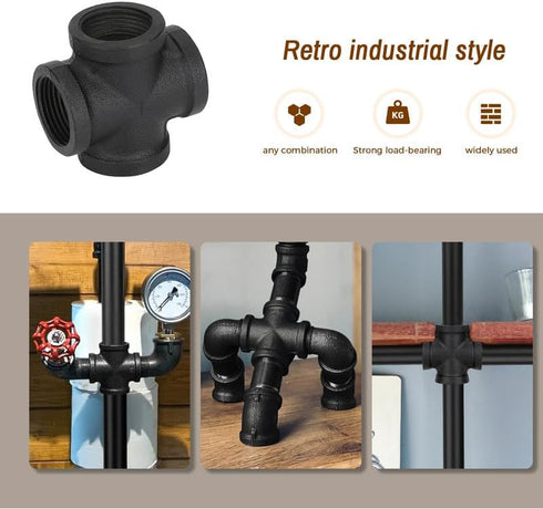 1" Black Pipe Fittings 4-Way Cross Fitting, Home Expert 10 Pack Malleable Cast Iron Connector for Industrial Pipe
