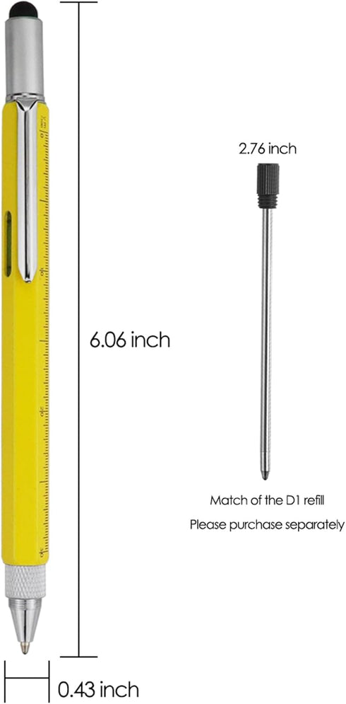 HeTaoCat Gifts Multi Tech Tool, 6 in 1 Stylus Pen with Screwdriver, Ruler, Levelgauge, Ballpoint Black Ink (Yellow)