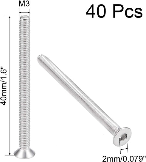 uxcell M3x40mm Flat Head Machine Screws, 304 Stainless Steel Fasteners Bolts, 40Pcs