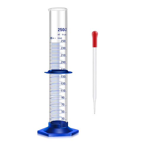 Thick Glass Graduated Cylinder 250ML with Anti-Falling Plastic Base, Bumper Guards, and Glass Dropper for Measuring