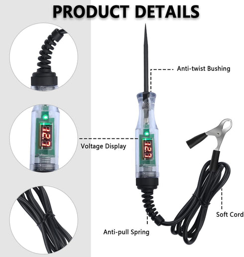 Car Voltage Tester Pen with Alligator Clip, DC 3-48V Test Light Pen, Digital LED Circuit Tester with Prolong Spring