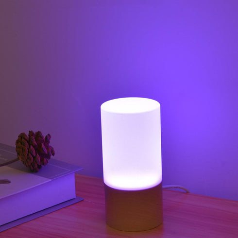 Wooden LED Night Light Table Lamp with USB Port, RGB Color Changing Bedside Lamp, Modern Japanese Beech Wood Cylinder