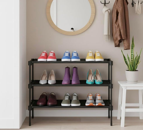 Generic 3-Tier Closet, Stackable Shoe Rack Organizer with Handle & Cleaning Brush, Adjustable Metal Shoe Shelf