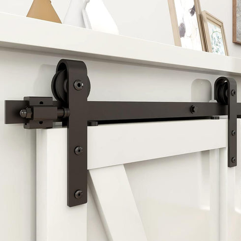 FLYVLIEG 4FT Super Mini Sliding Barn Door Hardware Kit for Single Door TV Stands Small Cabinets, J-Shaped Hanger (No