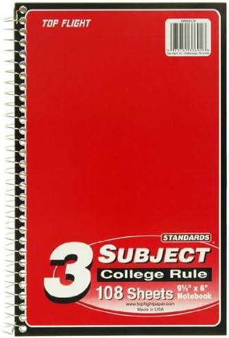 Top Flight Standards 3-Subject Wirebound Notebook, 108 Sheets, College Rule, 9.5 x 6 Inches, Cover Color May Vary