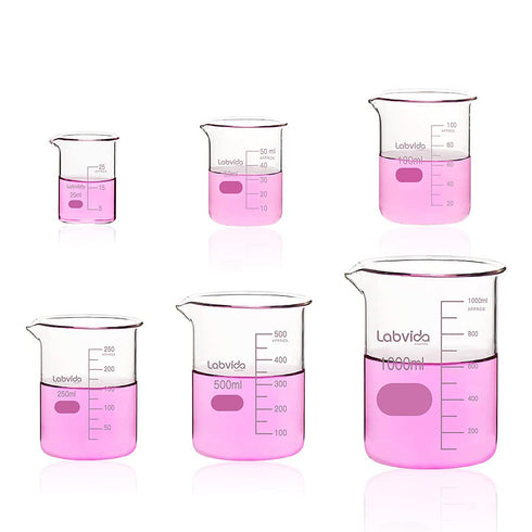 Upgrated 6 Size Low Form Glass Beaker Set, 25ml 50ml 100ml 250ml 500ml 1000ml, 3.3 Boro Glass with Printed Graduation