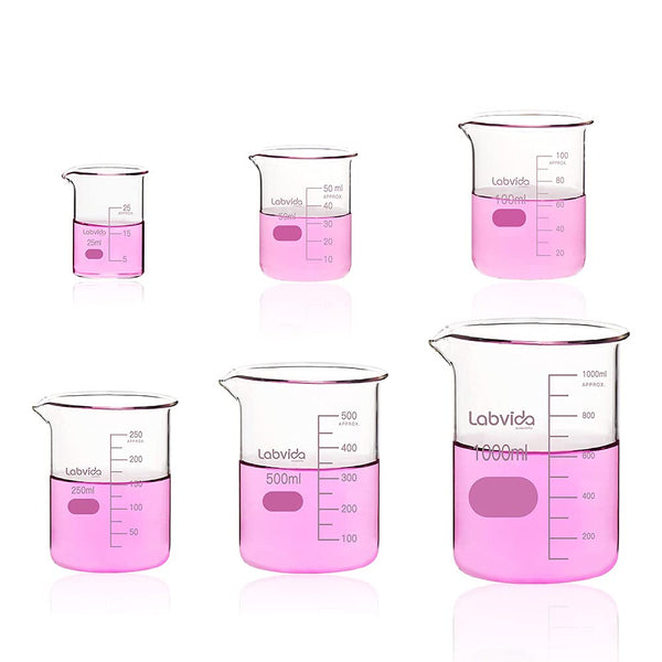 Upgrated 6 Size Low Form Glass Beaker Set, 25ml 50ml 100ml 250ml 500ml 1000ml, 3.3 Boro Glass with Printed Graduation