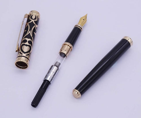 Lanxivi Duke Sweet Heart Pattern Gold Trim Fountain Pen with Sapphire Jewelry Pen Pouch