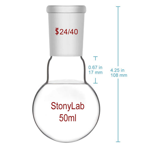 StonyLab 50ml Short Neck Round Bottom Flask, Borosilicate Glass Heavy Wall RBF with 24/40 Taper Outer Joint