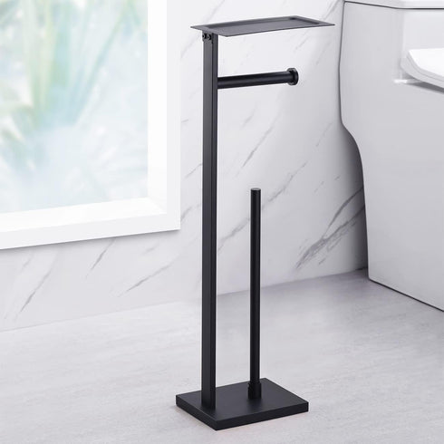 304 Miyili Matte Black Freestanding Toilet Paper Holder with Shelf, Premium SUS Stainless Steel Bathroom Storage
