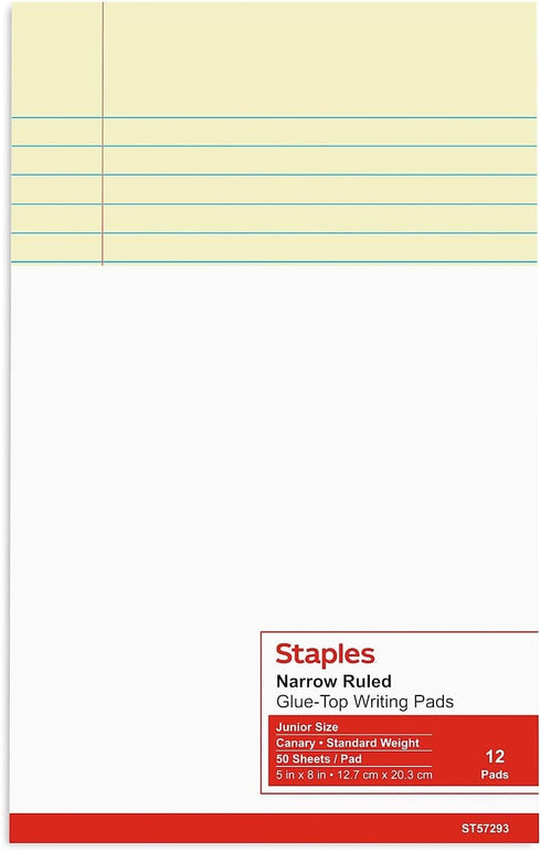 5 8, 50 36/Carton STAPLES Notepads, x Narrow Ruled, Canary, Sheets/Pad
