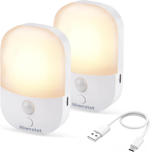 Hiwrolat Motion Sensor Night Light, LED Dimmable Warm White Type-C Rechargeable Battery, for