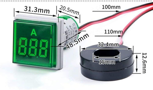 Red Digital Display AC Current Indicator, 22mm Square Head LED Current Tester 0~100A Ammeter Monitor