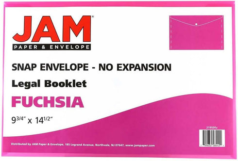 JAM PAPER Plastic Envelopes with Snap Closure, Legal Booklet 9 3/4 x 14 1/2, Fuchsia Pink, 3/Pack