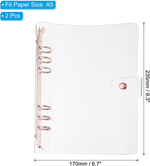 PATIKIL A5 Clear Binder Cover, 2Pcs Soft PVC Loose Leaf Binder Protector with Snap Button Closure, 6 Ring, Rose Gold