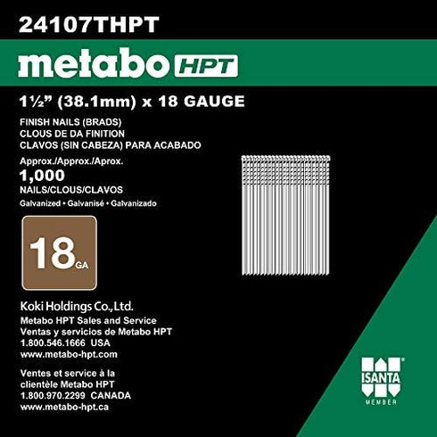 Metabo HPT Brad Nails | 1-1/2 Inch x 18 Gauge | 1,000 Count Electro Galvanized Smooth | 24107THPT
