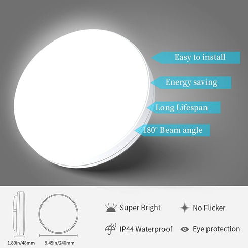 5000K 9.5 Inch 18W 1650LM Airand LED Flush Mount Ceiling Light Daylight LED Ceiling Light Fixture Bathroom Ceiling