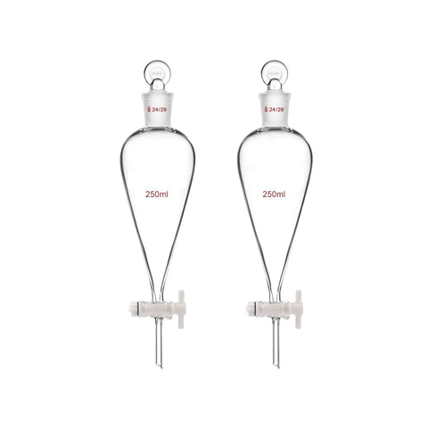 2pcs Borosilicate Glass 250ML Separating Funnel, Heavy Wall Conical with 24/40 Joints and PTFE Stopcock