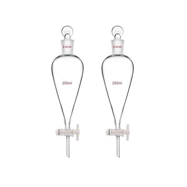 2pcs Borosilicate Glass 250ML Separating Funnel, Heavy Wall Conical with 24/40 Joints and PTFE Stopcock