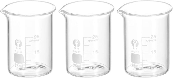 PATIKIL 3Pcs 25ml Low Form Glass Beaker, 3.3 Borosilicate Glass Graduated Measuring Cups with Spout for Kitchen Lab