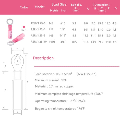 HKS 200PCS Heat Shrink Ring Terminals -Red 22-16 AWG - Tinned Red Copper 0.7mm 4 Sizes #10,1/4",5/16",3/8" - Marine Electrical Wire Connector Kit - Waterproof and Insulated Crimp Terminals Set