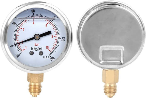 Heayzoki Oil Filled Pressure Gauge, 1/4 BSP Lower Mount, Stainless Steel Liquid Filled, -1-10 bar, Dual Scale