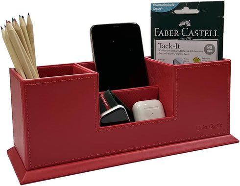 UnionBasic Desk Organizer, Desktop Caddy, Leather Multi-compartment Pen Holder, Office Stationery Organizer, Red