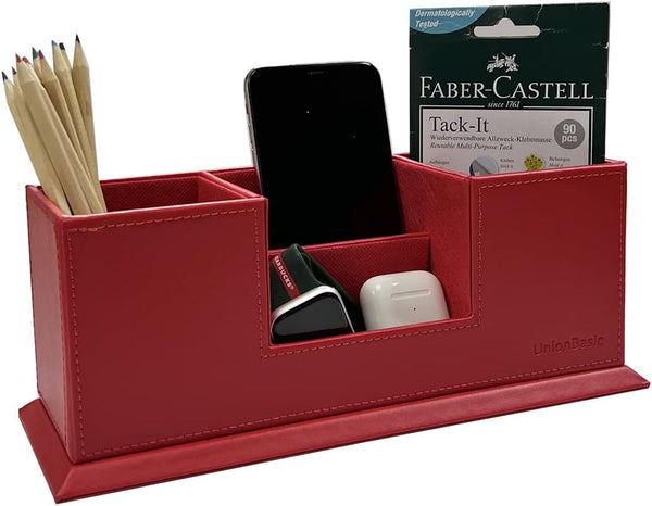 UnionBasic Desk Organizer, Desktop Caddy, Leather Multi-compartment Pen Holder, Office Stationery Organizer, Red