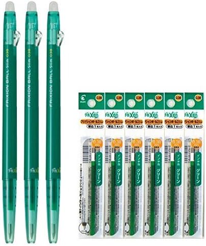 Pilot FriXion Ball Slim 038 Retractable Erasable Gel Ink Pen, Extra Fine Point 0.38mm, Green Ink (3 Pens & 6 Refills)