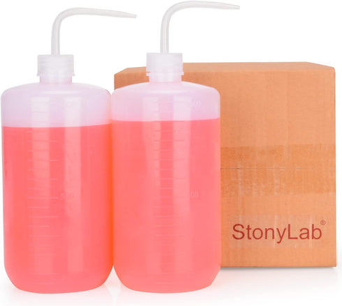 StonyLab 2-Pack Chemical Wash Bottle, 1000 ml Plastic Safety Lab Squeeze Wash Bottle with Narrow Mouth