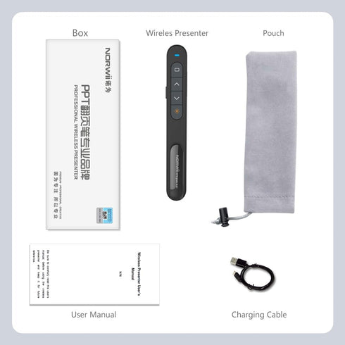 Norwii N76 Rechargeable Presentation Clicker - Long Range Remote for PowerPoint Presentations, Black with Green Light