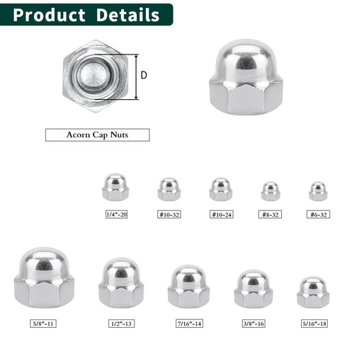 #8-32 Acorn Hex Cap Dome Head Nuts, 304 Stainless Steel 18-8, 50 PCS