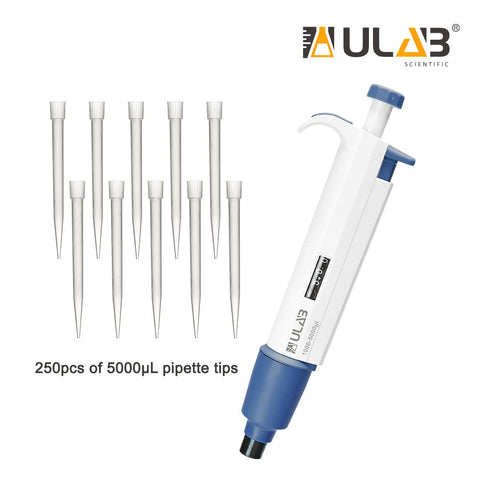 ULAB Single Channel Pipettor with 250pcs of 5000µl Pipette Tips, 1pc Adjustable Volume Micro Pipette, ULH1022