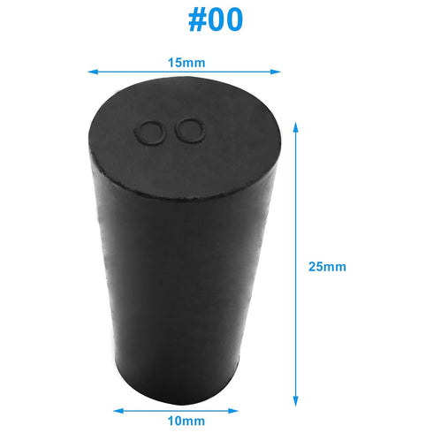20 Pack Solid Rubber Stoppers Size #00-15mm x 10mm - 25mm Long - Tapered Laboratory Test Tube Stopper Plug - Black