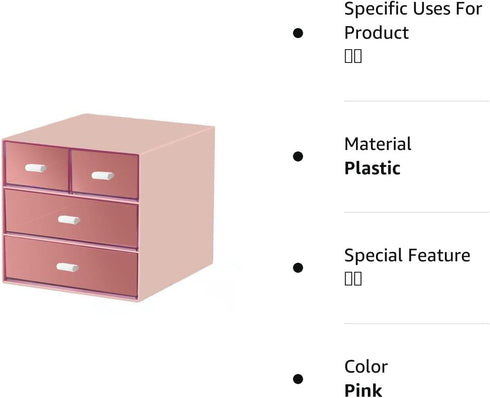 Desk Organizer with 4 Drawers, Plastic Storage Box for Office, School, Home, Dressing Table, and Desktop (Pink)