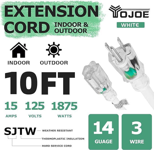 YOJOE 10 ft Outdoor Extension Cord - 14 Gauge 3 Prong SJTW Heavy Duty Waterproof Power Cable for Yard