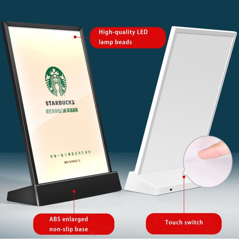 A4 LED Sign Holder Clear Sign Holder with LED Light Box, Table Menu Display Stand with Color Lights LED Menu Board