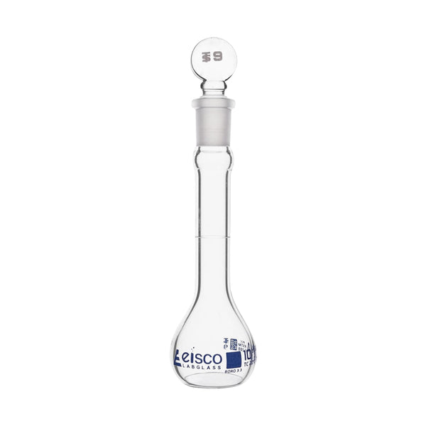 EISCO Volumetric Flask, 10ml - Class A, ASTM Tolerance ±0.020 ml Glass Stopper Single, Blue Graduation- Eisco Labs