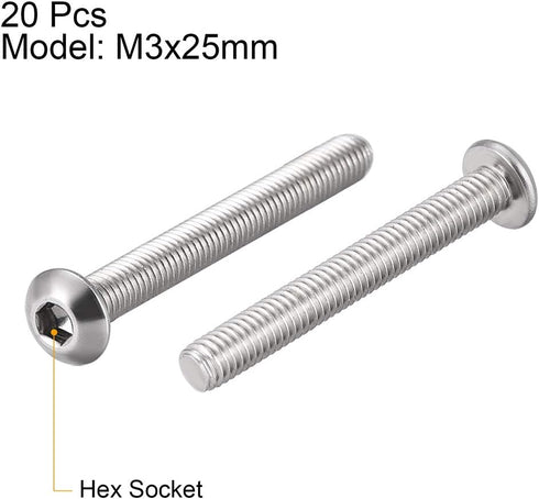 uxcell M3x25mm Machine Screws, Hex Socket Round Head Screw, 304 Stainless Steel Fasteners, 20pcs