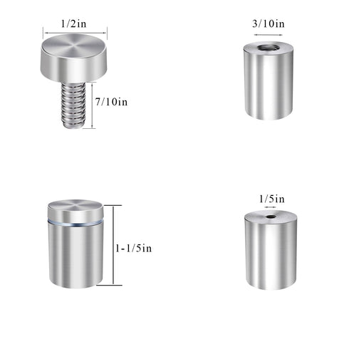 1/2” Dia x 1 1/5” L Standoffs Screws for Acrylic, Silver Sign Standoff Wall Mounts Hardware 16 Pack, Stainless Steel Stand Off Holder for Glass Board and Signage